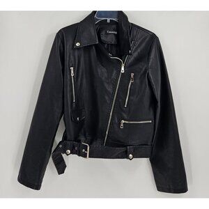 Tanming Womens Faux Leather Moto Biker Short Black Lined Jacket Sz M